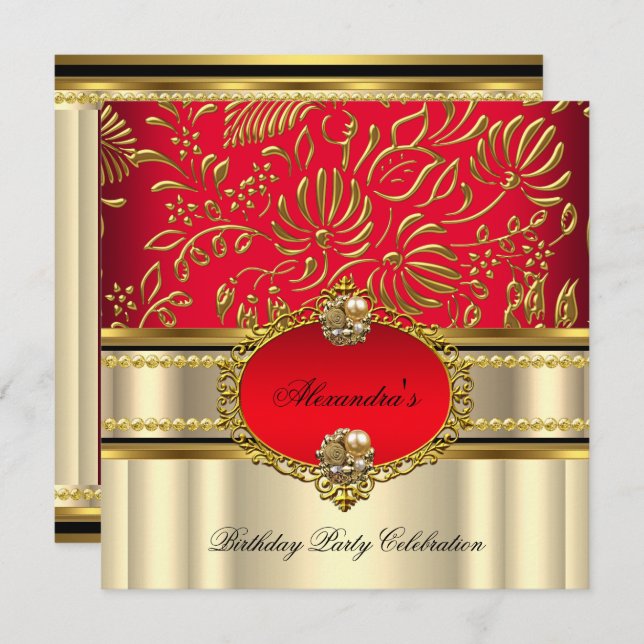Invitation Elégant Regal Red Cream Gold Damask Anniversaire (Devant / Derrière)