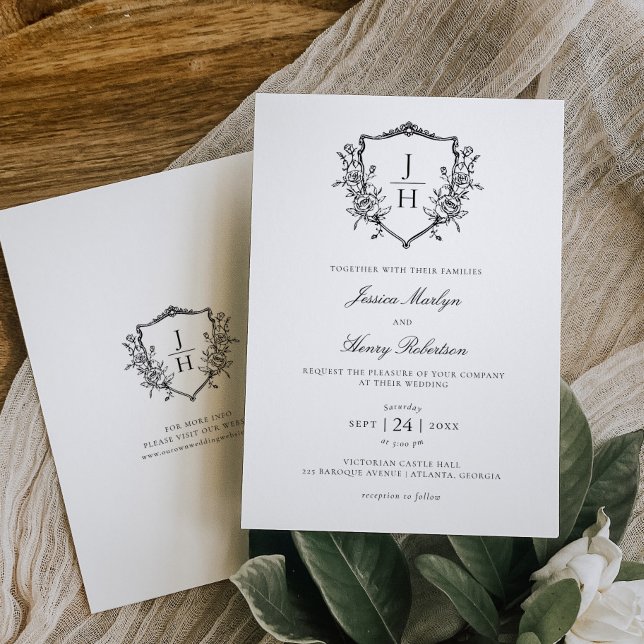 Invitation Élégant régence Floral Crest Monogram Mariage (Créateur téléchargé)