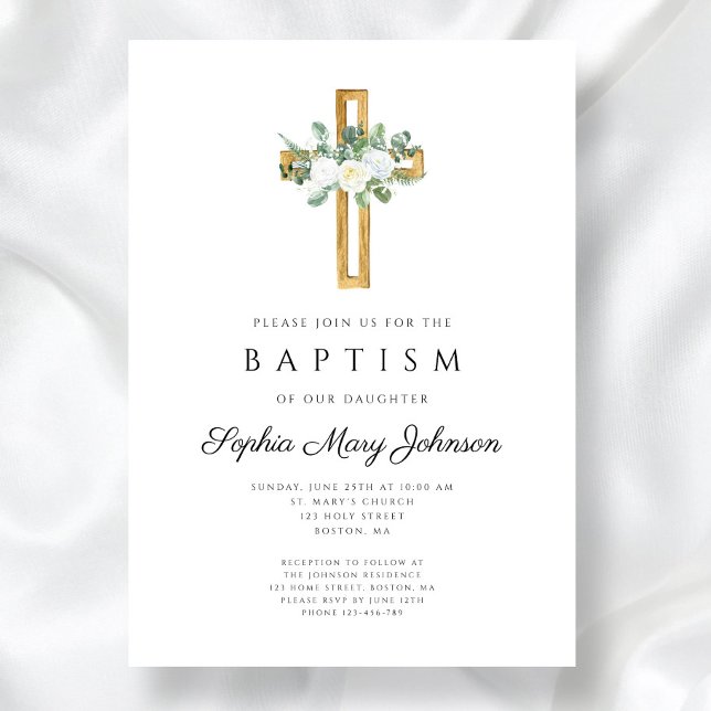 Invitation Élégant Religieux Blanc Floral Girl Baptême (Elegant Religious White Floral Girl Baptism Invitation)