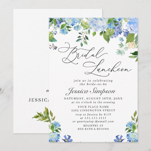 Invitation Élégant repas nuptial bleu Hydrangea aquarelle (Devant / Derrière)