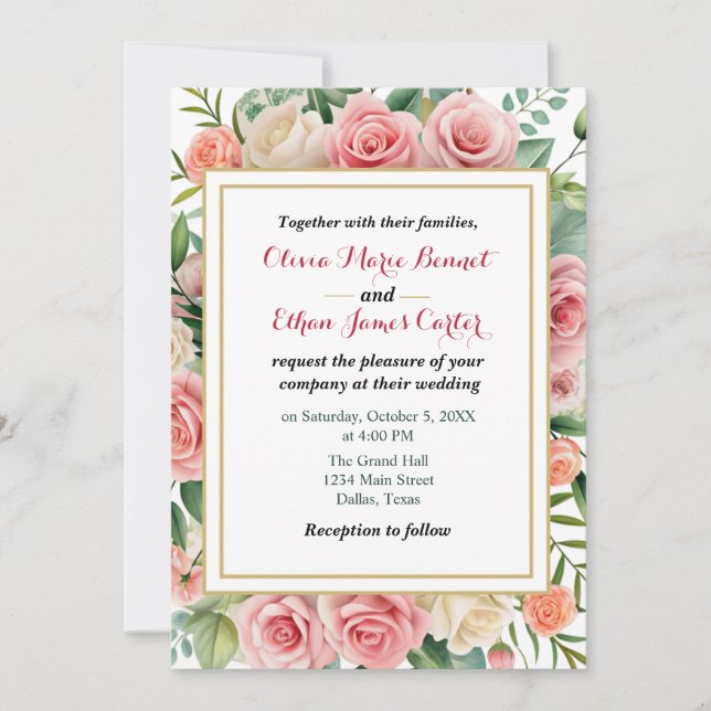 Invitation Elégant ressort Blush Floral Mariage Gold Frame (Devant)