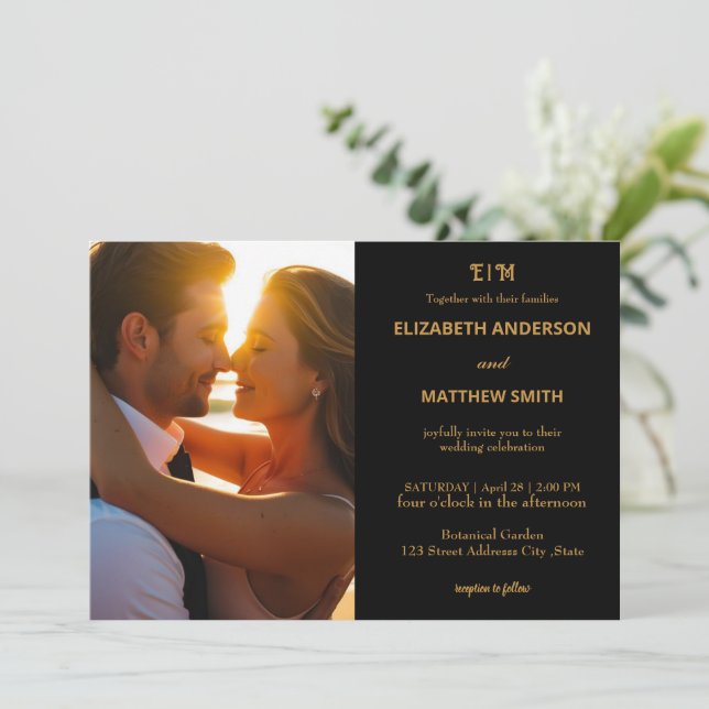 Invitation Elégant retour & or chic photo mariage romantique (Debout devant)