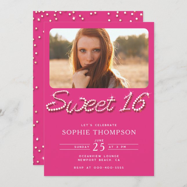 Invitation Elégant Rhinestones Hot Rose Chic Sweet 16 Photo (Devant / Derrière)