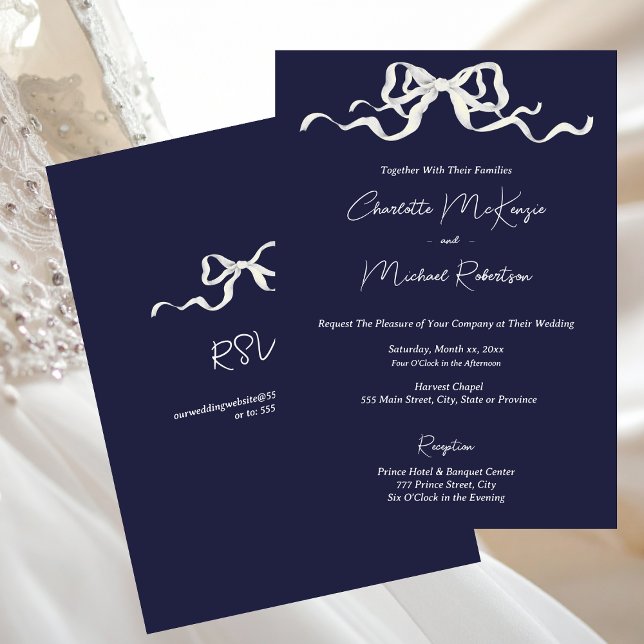 Invitation Elegant Ribbon & Bow Romantic Navy Wedding (Elegant Navy with White Bows Wedding Invitation)