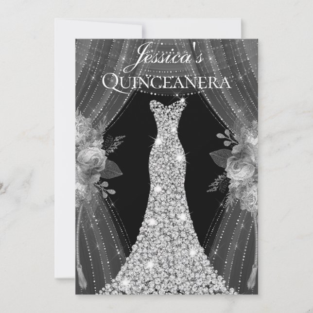 Invitation Élégant rideaux d'argent robe Quinceanera Party (Devant)