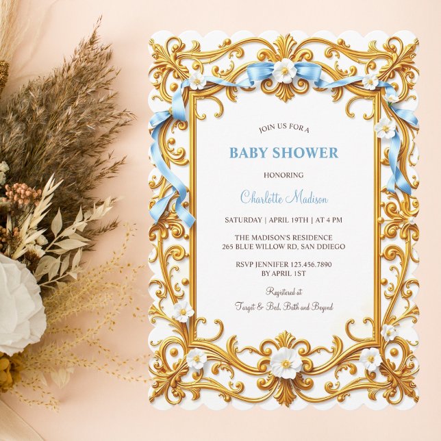 Invitation Elégant Rococo Blue Gold Floral Boy Baby shower (Elegant Rococo Blue Gold Floral Boy Baby Shower Invitation)