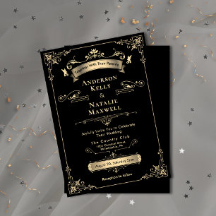 Invitation Elégant Rococo Ornement Black & Gold Mariage
