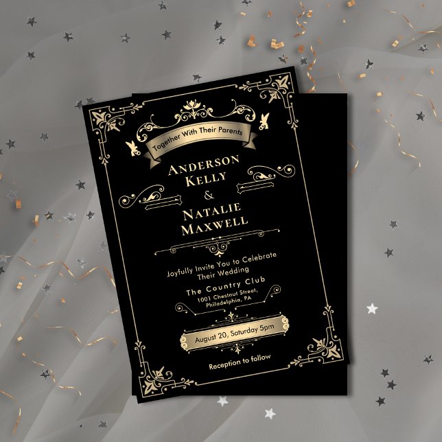 Invitation Elégant Rococo Ornement Black & Gold Mariage (Elegant Rococo Ornament Black & Gold Wedding Invitation)