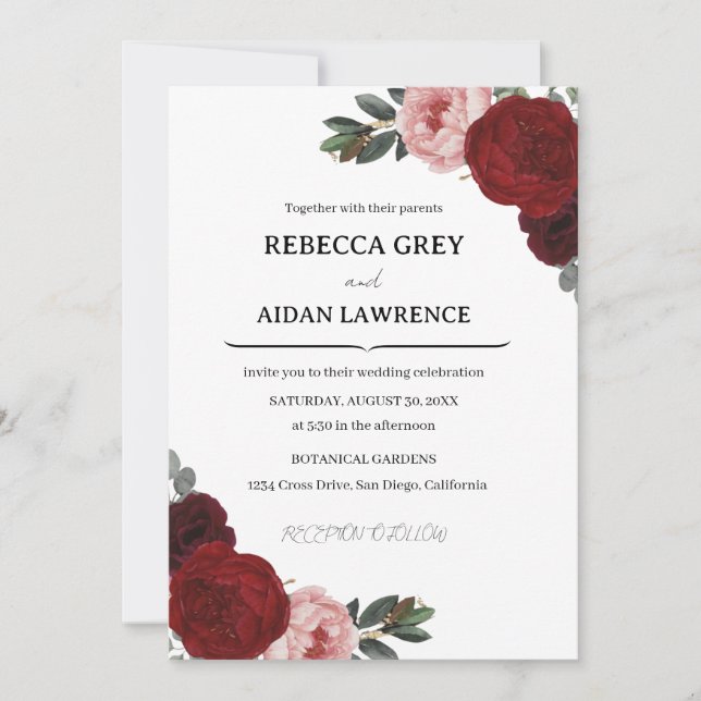 Invitation Elegant Romantic Botanical Burgundy Floral wedding (Devant)