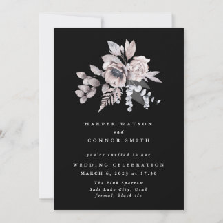 Invitation Elégant romantique Aquarelle Mariage Floral Noir