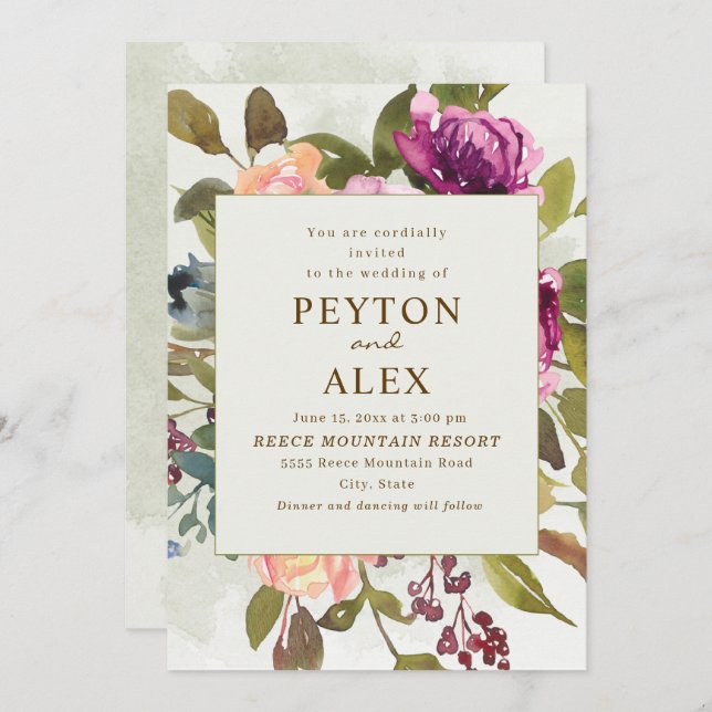 Invitation Élégant Romantique Plum Peach Sage Green Mariage (Devant / Derrière)