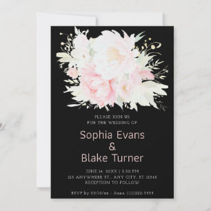 Invitation Élégant Romantique Rose Floral Mariage Noir