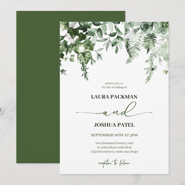 Invitation Elégant & Romantique Verdure Ivy et Sage Mariage (Devant / Derrière)