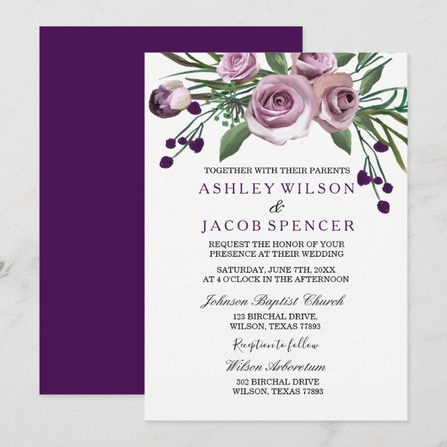 Invitation Elégant Romantique Violet Rose Floral Mariage Invi (Devant / Derrière)