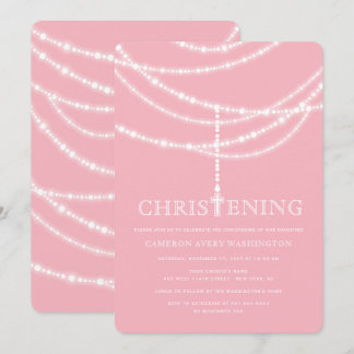 Invitation Elégant Rosary Cross Sparkles Christening Invitati