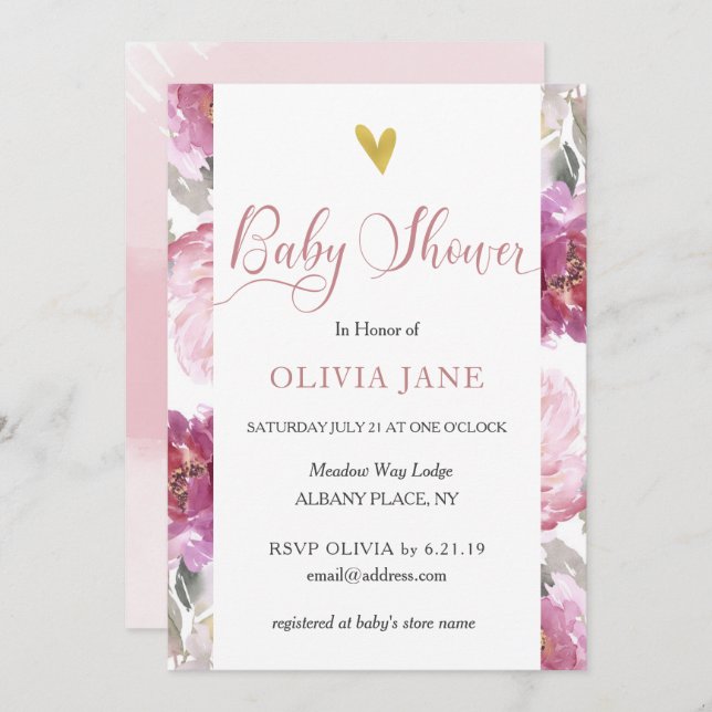 Invitation Élégant rose Aquarelle Baby shower Floral Invitati (Devant / Derrière)