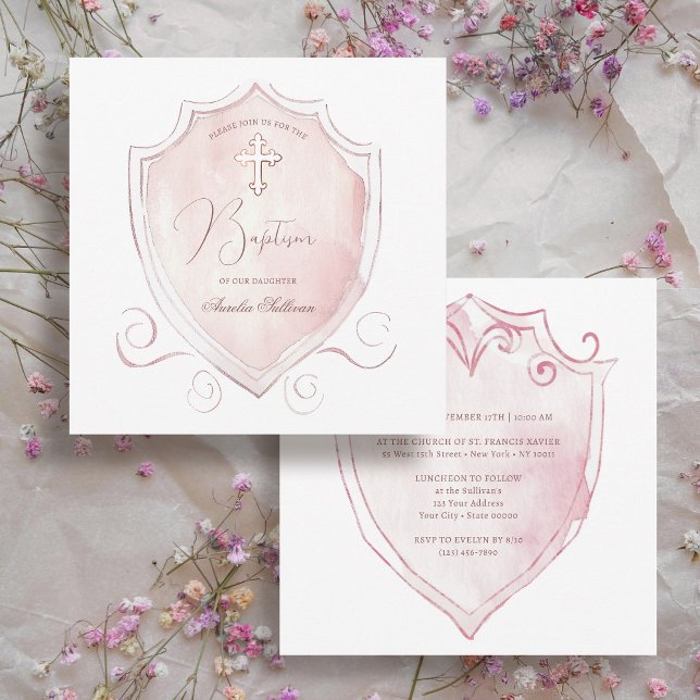 Invitation Élégant rose Aquarelle Crest Baptême (Créateur téléchargé)