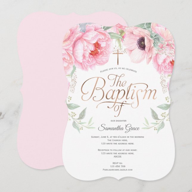 Invitation Élégant, Rose, Aquarelle, Floral, Brisant (Devant / Derrière)