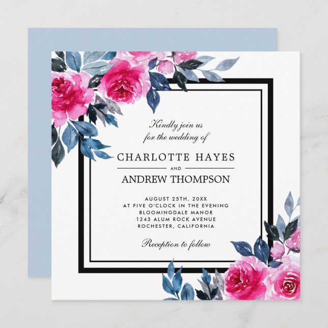 Invitation Elégant Rose aquarelle Floral Carré Mariage (Devant / Derrière)