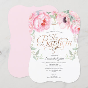 Invitation Élégant, rose, aquarelle, floral, Christening
