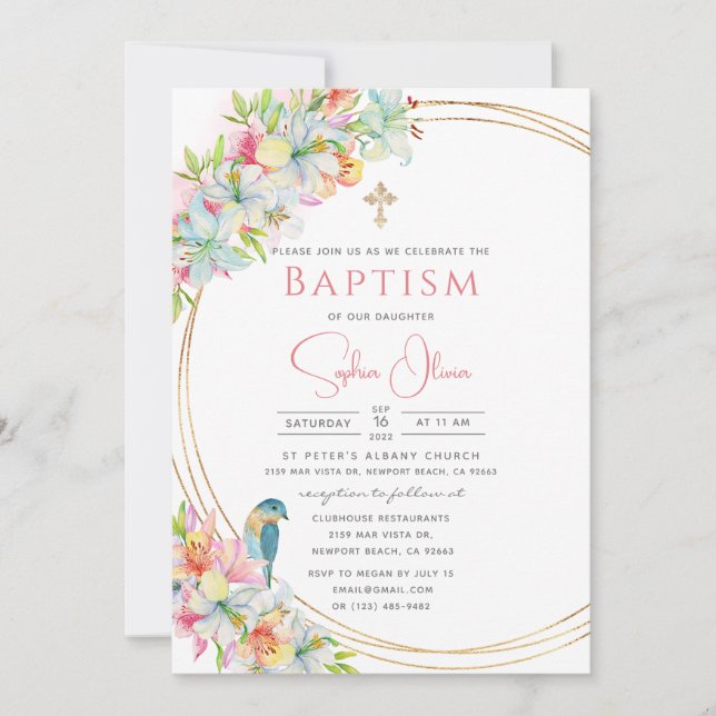 Invitation Elégant rose Aquarelle Floral Girl Baptism (Devant)