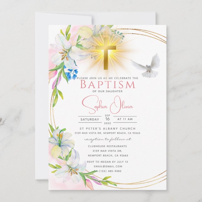 Invitation Elégant rose Aquarelle Floral Girl Baptism (Devant)
