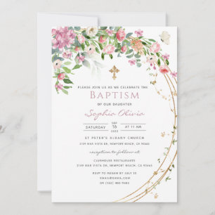 Invitation Elégant rose Aquarelle Floral Girl Baptism Invit