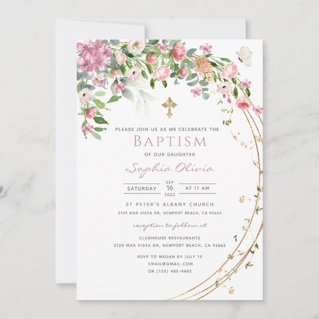 Invitation Elégant rose Aquarelle Floral Girl Baptism Invit (Devant)
