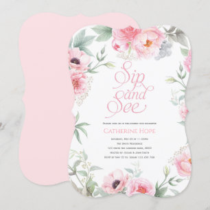 Invitation Elégant, rose, aquarelle florale, Sip and See