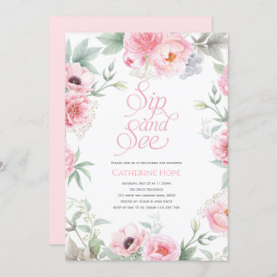 Invitation Elégant, rose, aquarelle florale, Sip and See