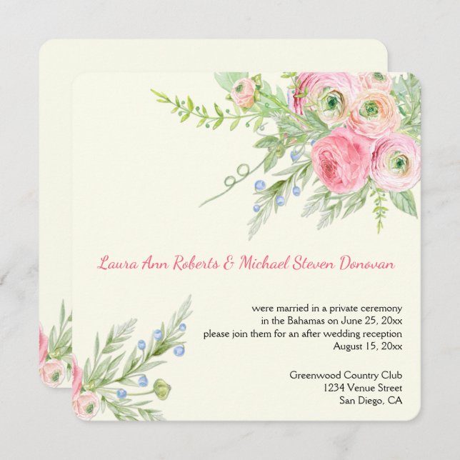 Invitation Elégant rose aquarelle papier Rose Mariages (Devant / Derrière)
