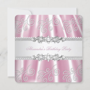 Invitation Élégant Rose Argent Dentelle Diamant Superposition