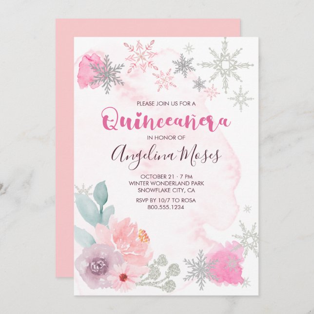 Invitation Elégant rose argent hiver Wonderland Quinceanera (Devant / Derrière)