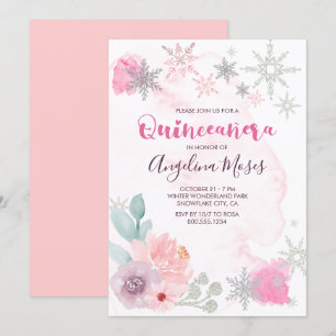 Invitation Elégant rose argent hiver Wonderland Quinceanera