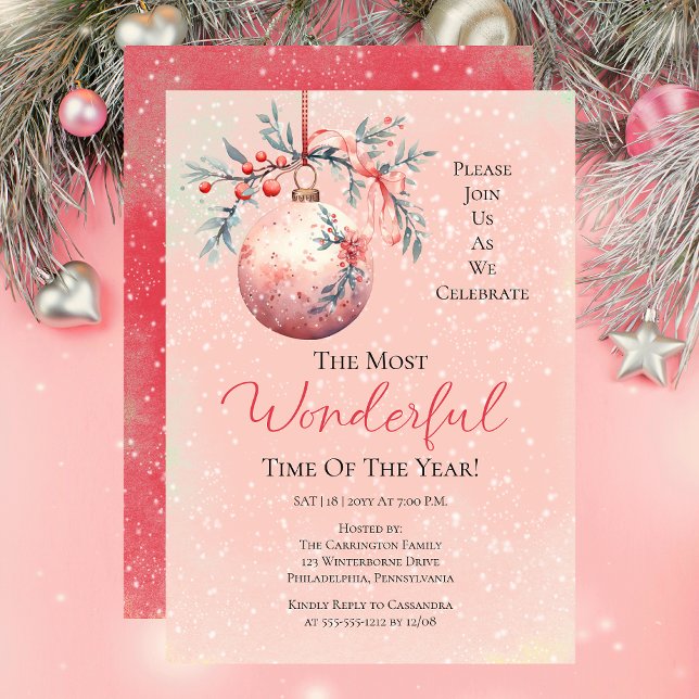 Invitation Élégant rose Bauble Plus Merveilleux Temps Année F (Elegant Pink Floral Bauble Most Wonderful Time Year Party Invitation)