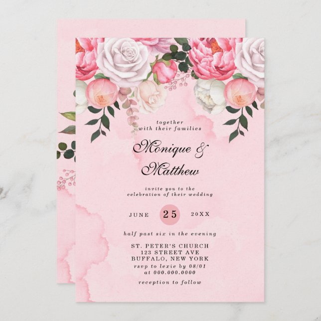 Invitation Elégant rose blanc Aquarelle Peonies Mariage (Devant / Derrière)