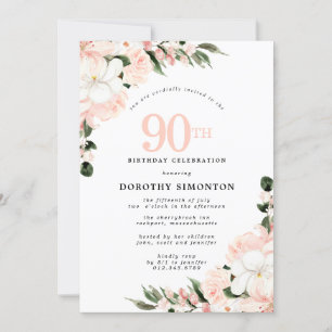 Invitation Elégant rose blanc floral 90e anniversaire