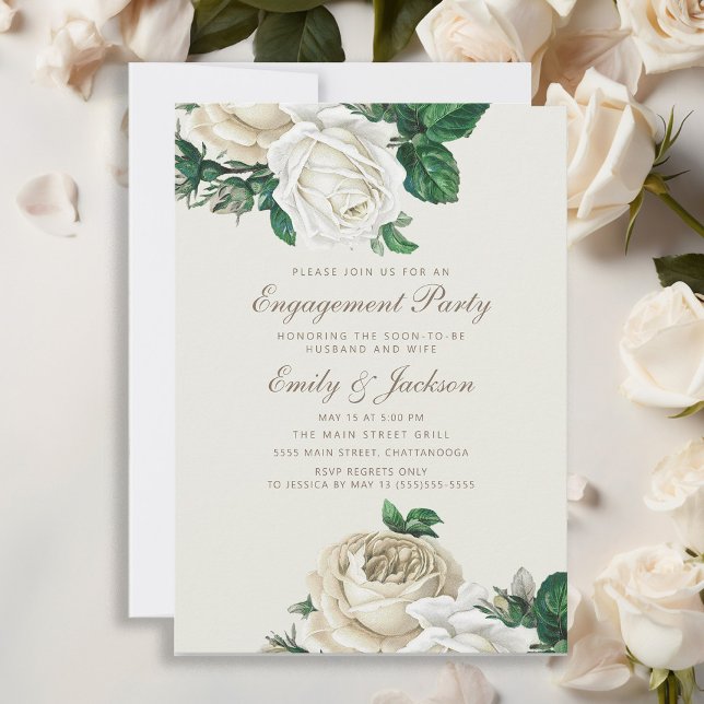 Invitation Élégant Rose Blanc Floral Fiançailles (Elegant vintage roses and greenery engagement party invitation)