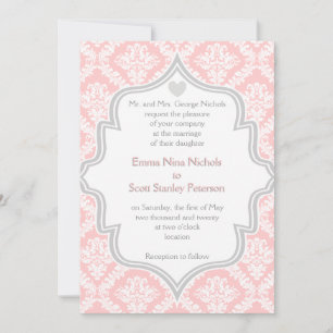 Invitation Elégant rose, blanc, gris mariage damassé