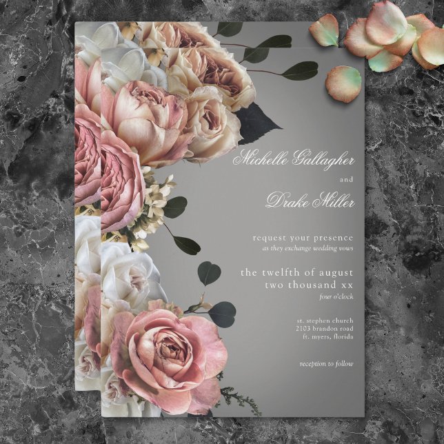 Invitation Élégant rose blanc Rose gris Mariage (Elegant Pink White Floral Roses Gray Wedding Invitation)