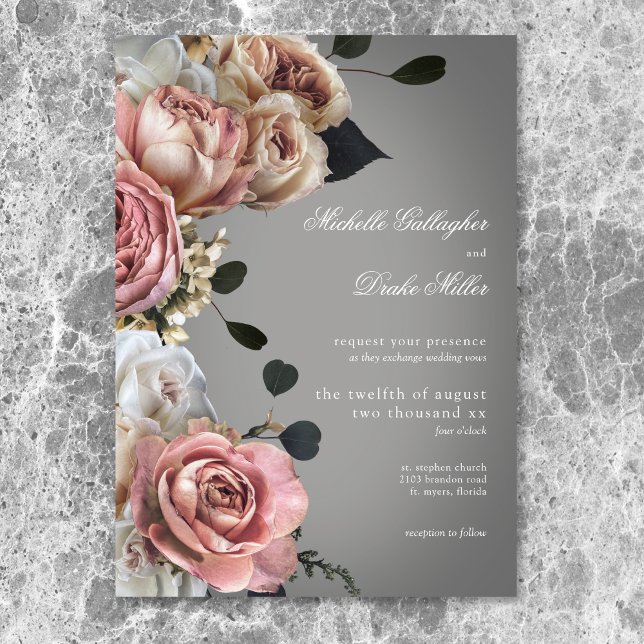 Invitation Élégant rose blanc Rose gris Mariage (Elegant Pink White Floral Roses Gray Wedding Invitation)