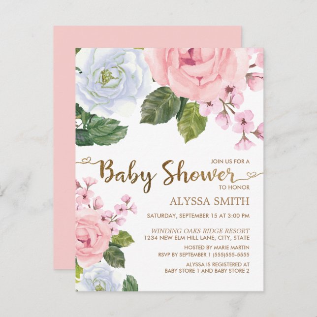 Invitation Élégant rose blanc Rose  Script Baby shower (Devant / Derrière)