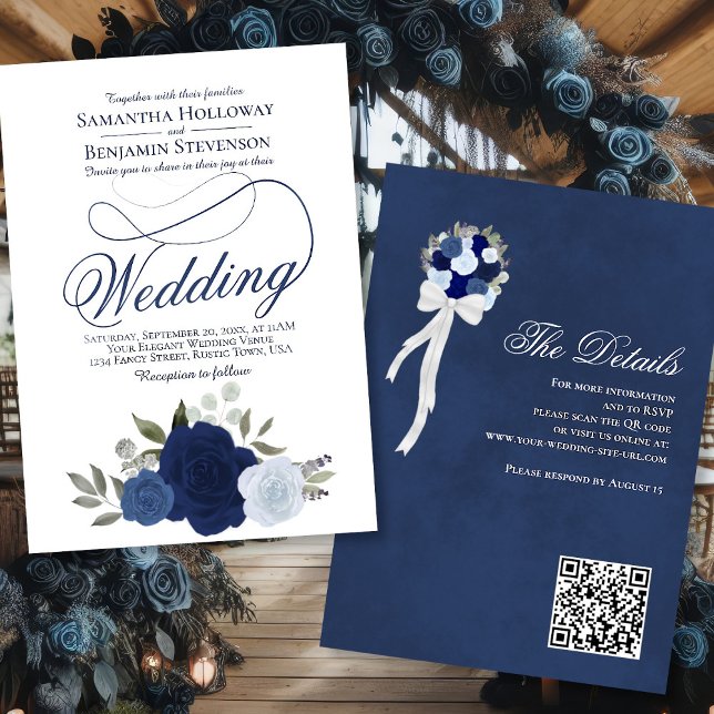 Invitation Élégant Rose bleu Boho Floral QR Code Mariage (Front/Back)