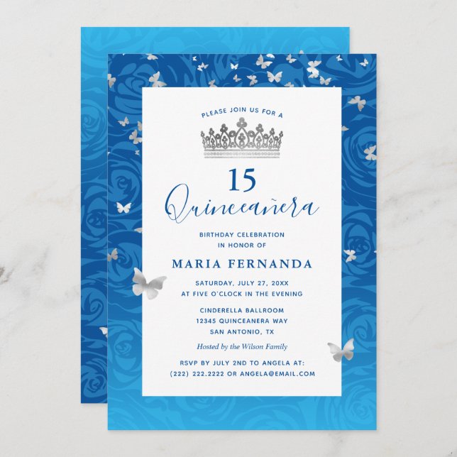 Invitation Elégant Rose bleu Couronne argent Floral Quinceane (Devant / Derrière)