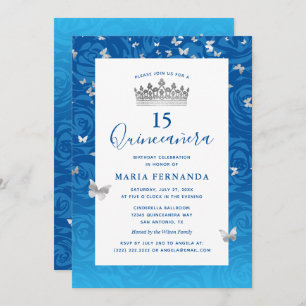 Invitation Elégant Rose bleu Couronne argent Floral Quinceane