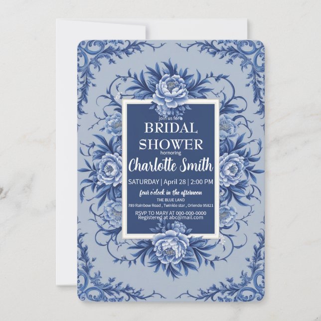 Invitation Elégant Rose Bleu Fleur antique douche nuptiale (Devant)