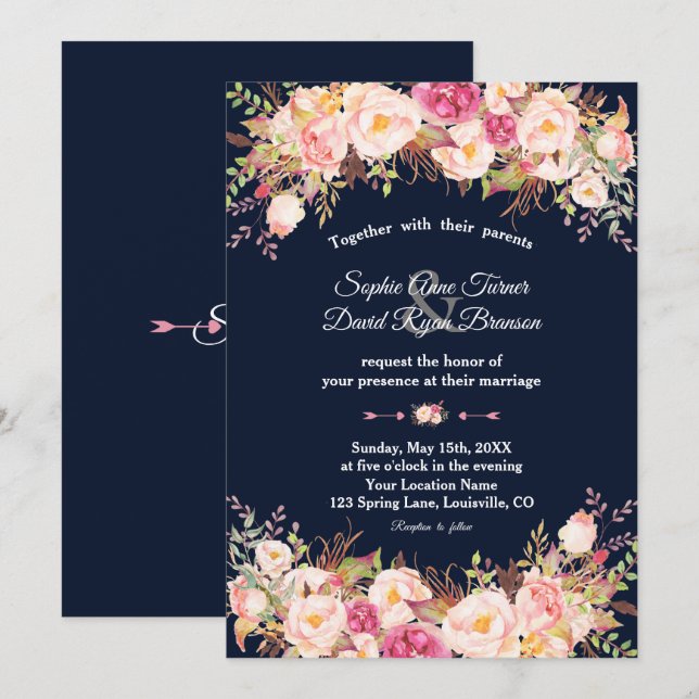 Invitation Élégant rose bleu floral marine Mariage (Devant / Derrière)