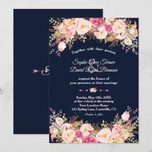 Invitation Élégant rose bleu floral marine Mariage