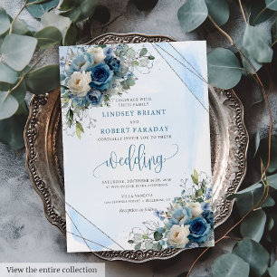 Invitation Élégant Rose bleu foncé Mariage de cadre argenté