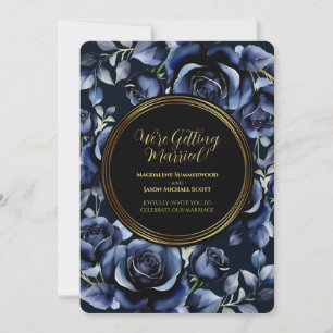 Invitation Elégant Rose bleu marine Floral & Gold Black Frame